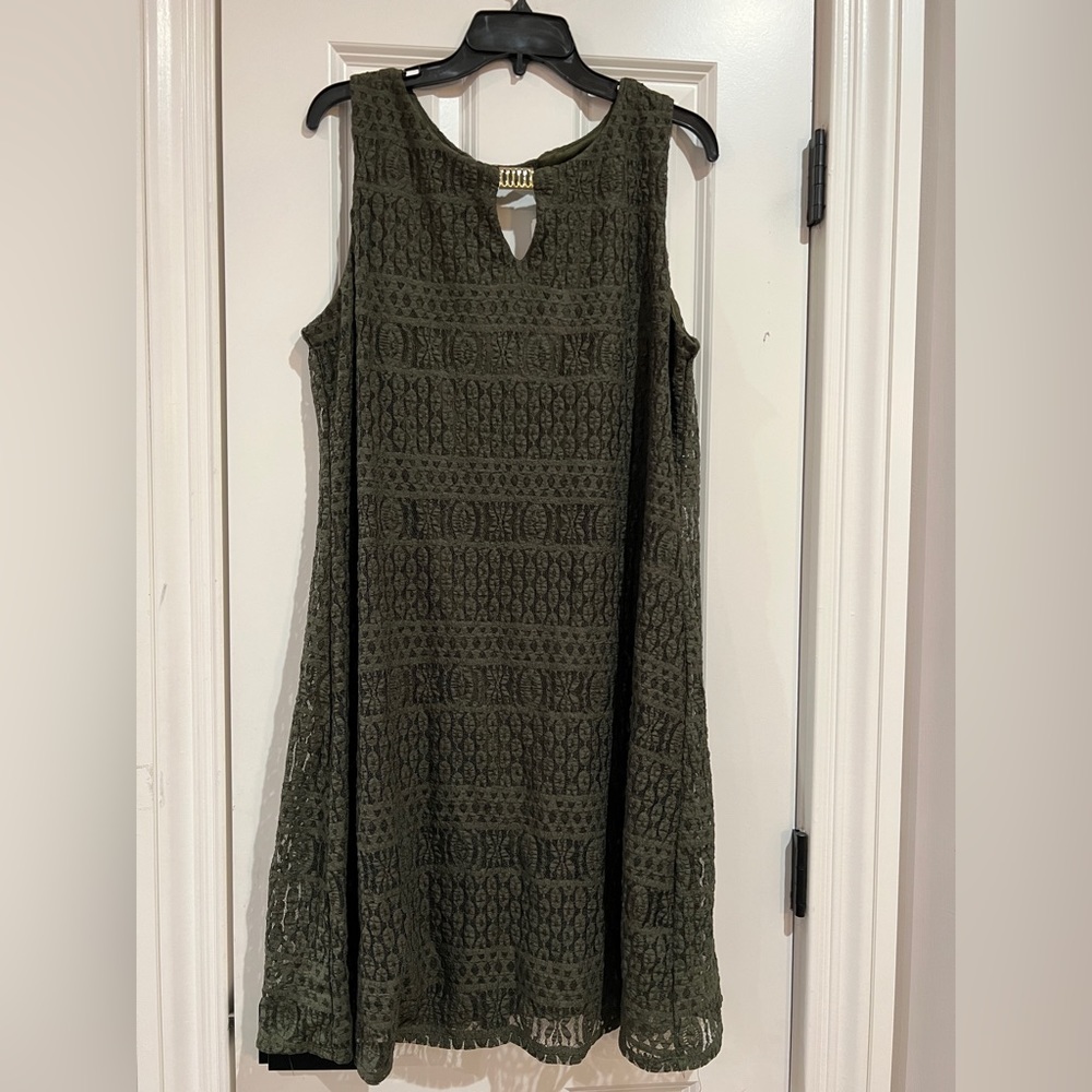 Ronni Nicole Olive Green Sleeveless Shift Dress - Midi, Crochet Style
